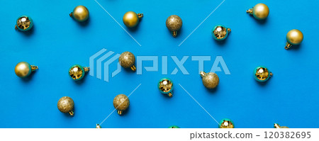 Christmas composition. a pattern of christmas balls on colored background. Flat lay, top view New year decor Christmas composition. a pattern of christmas balls on colored background. Flat lay, top view New year decor 120382695