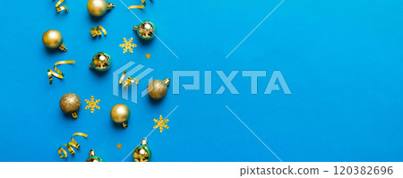 Christmas composition. a pattern of christmas balls on colored background. Flat lay, top view New year decor Christmas composition. a pattern of christmas balls on colored background. Flat lay, top view New year decor 120382696