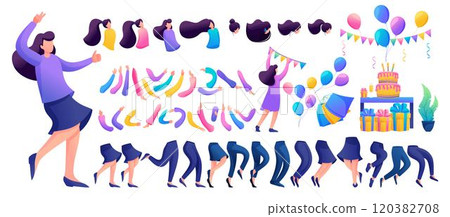 Constructor for creating a fun teen girl. Create your own character with a set of hands and feet. Flat 2D characters N1 120382708