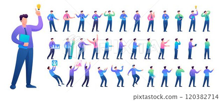 Set of Young Man. Presentation in various in various poses and actions. 2D Flat character vector illustration N11 120382714