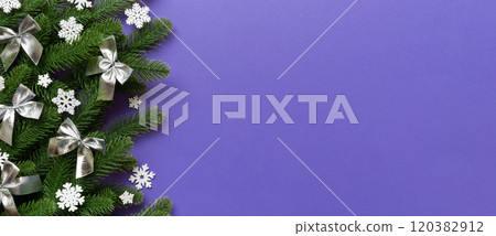 Christmas background with fir branches and Christmas decor. Top view, copy space for text Christmas background with fir branches and Christmas decor. Top view, copy space for text 120382912