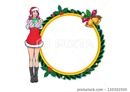 merry christmas santa snowman reindeer elf with Christmas girl in red dress in pop art comic style merry christmas santa snowman reindeer elf with Christmas girl in red dress in pop art comic style 120382930