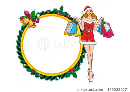 merry christmas santa snowman reindeer elf with Christmas girl in red dress in pop art comic style 120382937