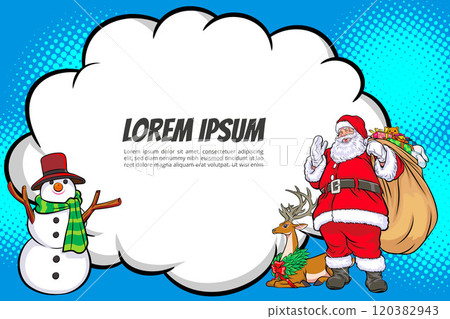 merry christmas santa snowman reindeer elf with Christmas girl in red dress in pop art comic style 120382943