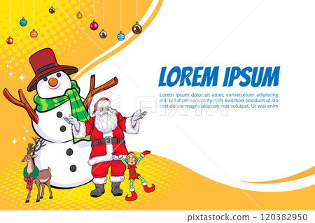 merry christmas santa snowman reindeer elf with Christmas girl in red dress in pop art comic style 120382950