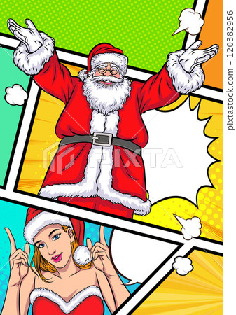 merry christmas santa snowman reindeer elf with Christmas girl in red dress in pop art comic style merry christmas santa snowman reindeer elf with Christmas girl in red dress in pop art comic style 120382956