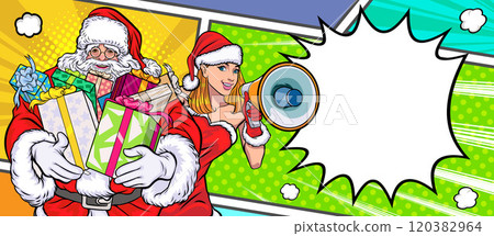 merry christmas santa snowman reindeer elf with Christmas girl in red dress in pop art comic style 120382964