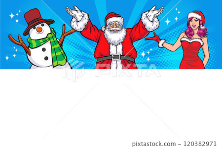 merry christmas santa snowman reindeer elf with Christmas girl in red dress in pop art comic style 120382971