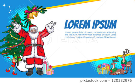 merry christmas santa snowman reindeer elf with Christmas girl in red dress in pop art comic style merry christmas santa snowman reindeer elf with Christmas girl in red dress in pop art comic style 120382976