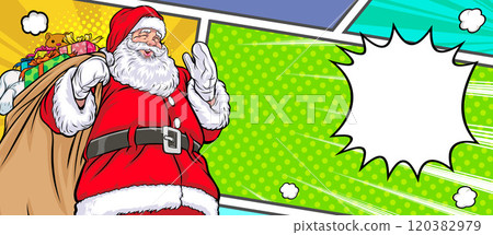 merry christmas santa snowman reindeer elf with Christmas girl in red dress in pop art comic style 120382979