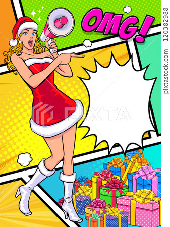 merry christmas santa snowman reindeer elf with Christmas girl in red dress in pop art comic style 120382988