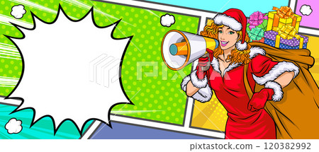 merry christmas santa snowman reindeer elf with Christmas girl in red dress in pop art comic style merry christmas santa snowman reindeer elf with Christmas girl in red dress in pop art comic style 120382992