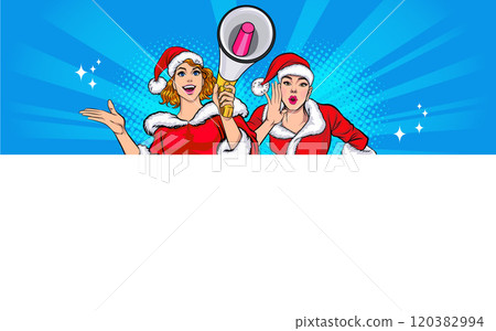 merry christmas santa snowman reindeer elf with Christmas girl in red dress in pop art comic style 120382994