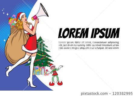 merry christmas santa snowman reindeer elf with Christmas girl in red dress in pop art comic style merry christmas santa snowman reindeer elf with Christmas girl in red dress in pop art comic style 120382995