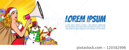 merry christmas santa snowman reindeer elf with Christmas girl in red dress in pop art comic style 120382996