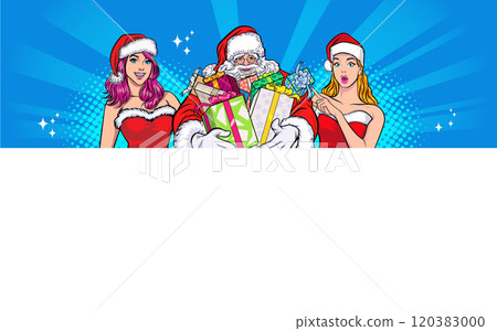 merry christmas santa snowman reindeer elf with Christmas girl in red dress in pop art comic style merry christmas santa snowman reindeer elf with Christmas girl in red dress in pop art comic style 120383000