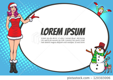 merry christmas santa snowman reindeer elf with Christmas girl in red dress in pop art comic style 120383006