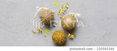 Christmas ball on colored background. decoration bauble with ribbon bow with copy space 120383168