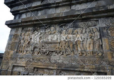 Borobudur ruins, first corridor relief/Lady Maya heading towards Lumbini Garden [Yogyakarta, Indonesia] 120383209