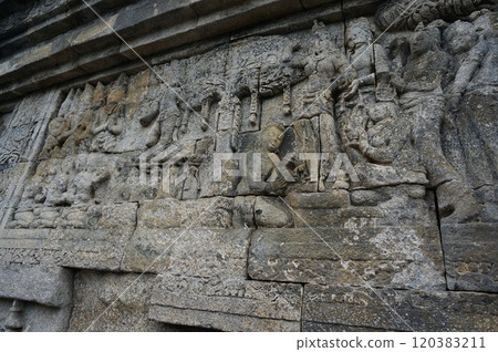 Borobudur ruins, first corridor relief/Prince (Buddha) birth [Yogyakarta, Indonesia] 120383211