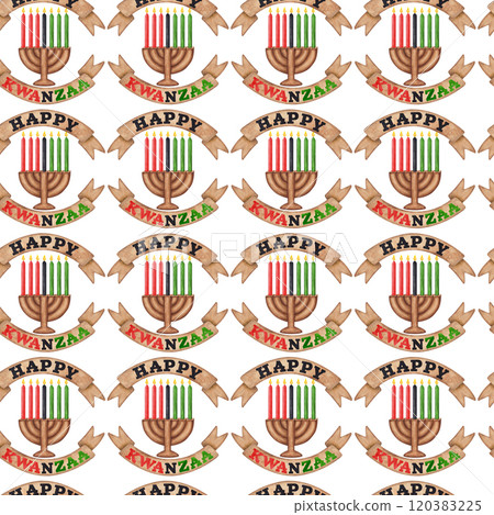 Kwanzaa seamless pattern in traditional Pan African colors - red, green, black. Kinara, seven burning candles. Juneteenth. Freedom Day. Hand drawn watercolor illustration isolated background. 120383225