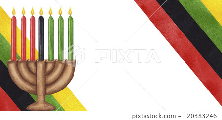 Kwanzaa banner. Kinara, seven burning candles, red black green. Black History Month. African-American holiday. Hand drawn watercolor illustration isolated background. For Web site, flyers, invitations 120383246
