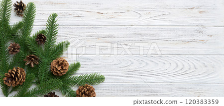Christmas holiday background with copy space for advertising text. Fir branches and pine cone on color background . Flat lay, top view 120383359