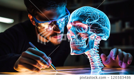 A scientist analyzes the hologram of a human skull. The concept of advanced technology in medical research, emphasizing innovation in anatomy studies and scientific discovery. Generative AI. 120383486