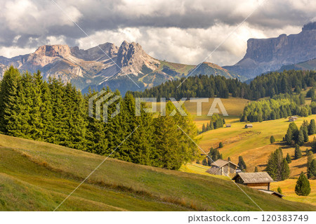 Dolomites Alpe di Siusi, Italy landscape, autumn Dolomites Alpe di Siusi, Italy landscape, autumn 120383749