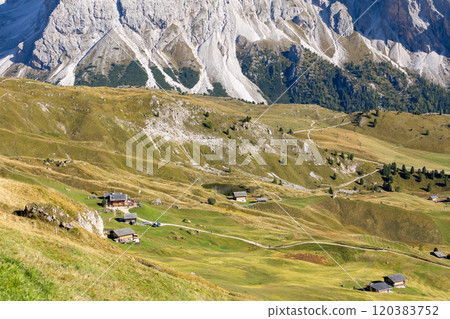 Seceda autumn valley landscape, Val Gardena, Italy 120383752