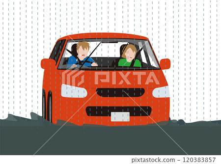 A car traveling in a disaster or heavy rain. A vector illustration of a frightened driver and a woman in the passenger seat 120383857