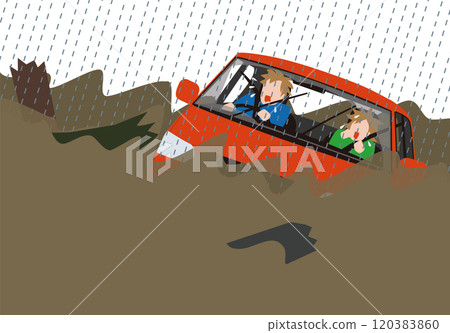 Disaster, a car being washed away by heavy rain and muddy water. Vector illustration of a screaming driver and a woman in the passenger seat 120383860