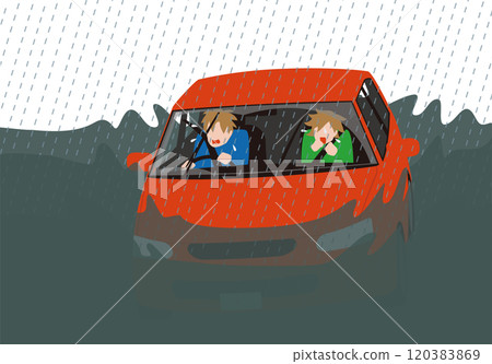 災難：一輛客車因大雨陷入水中。一名受驚的司機和一名坐在乘客座位上的婦女的向量圖 120383869