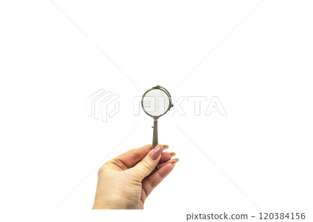 Hand hold an old vintage lorgnette from the middle of the nineteenth century on the white background 120384156