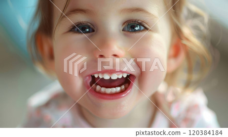 Close-Up of a Laughing Toddler with Healthy Milk Teeth 120384184
