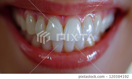 Close-up of healthy white teeth with shiny gums in natural lighting, dental care concept for oral hygiene, macro image of beautiful smile, clean teeth 120384192