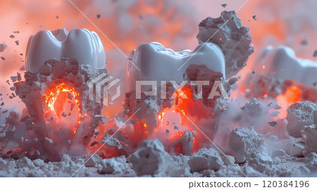 Abstract concept of tooth decay and destruction with fiery core, 3D illustration of damaged teeth breaking apart, dental health issue and decay visualization 120384196