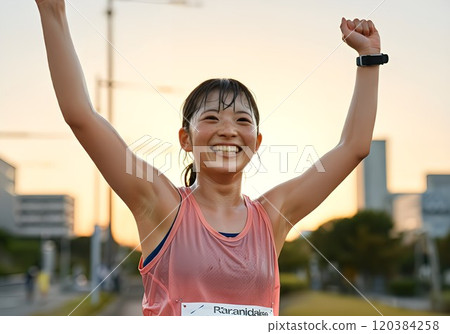 Female marathon runner raising both hands 120384258