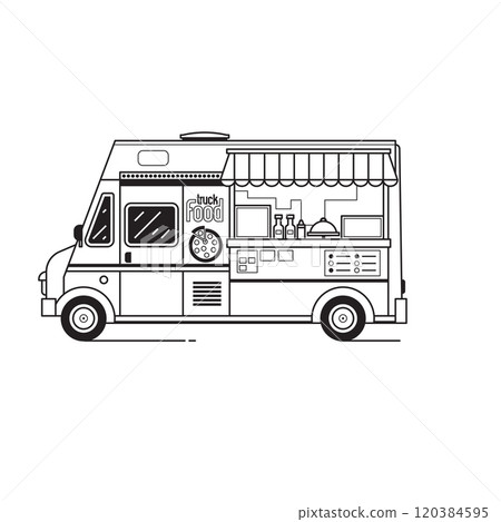 Street Food Truck Selling Pizza in Line Art Street Food Truck Selling Pizza in Line Art 120384595