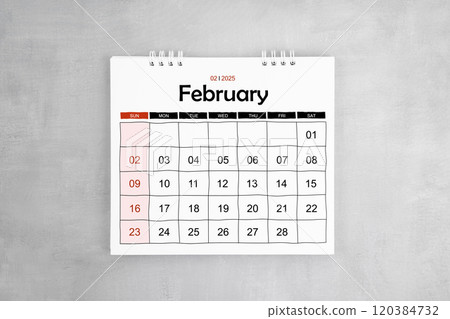 February 2025 desk calendar on gray cement wall background. 120384732