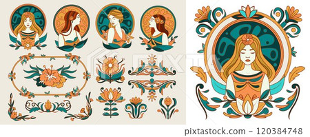 Decorative Floral Illustrations Featuring Women 120384748