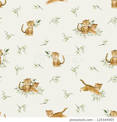 Seamless pattern with cute kawaii two tigers jumping and sitting with green branch eucalyptus. Watercolor hand drawn illustration african animal isolated. Cartoon kids print. 120384905