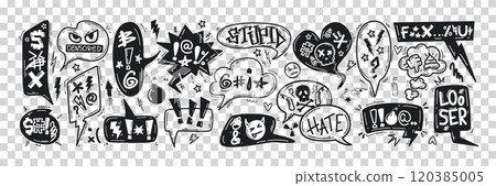 Hand drawn doodle comic speech bubbles with swearwords, curses, insults, censored, bad angry words Hand drawn doodle comic speech bubbles with swearwords, curses, insults, censored, bad angry words 120385005