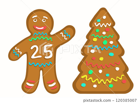 Gingerbread man with the number 25 denoting New Year 2025. Cookie stylized Christmas tree. 120385007