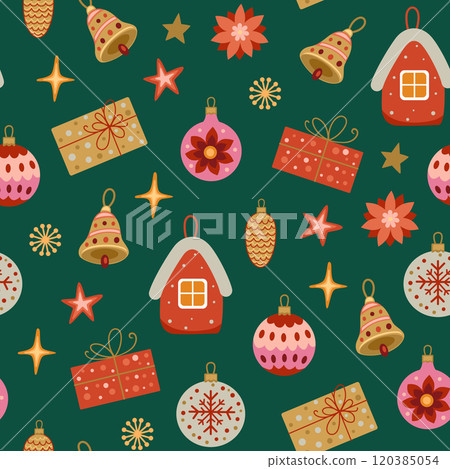 Christmas seamless pattern with gifts and decorations. 120385054