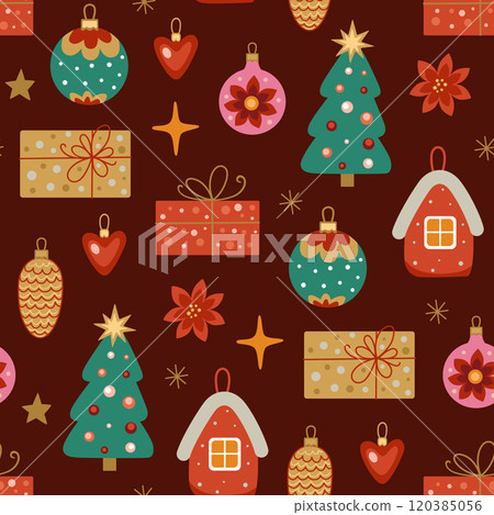 Christmas and New Year seamless pattern with gifts and decorations. 120385056