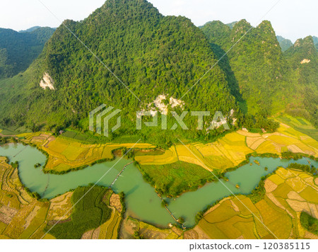 Aerial wide angle view of landscape with rice field at Phong Nam village in Trung Khanh, Cao Bang province,Northern Vietnam 120385115