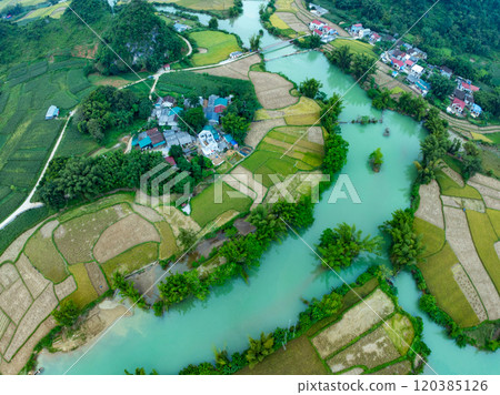 Aerial wide angle view of landscape with rice field at Phong Nam village in Trung Khanh, Cao Bang province,Northern Vietnam Aerial wide angle view of landscape with rice field at Phong Nam village in Trung Khanh, Cao Bang province,Northern Vietnam 120385126