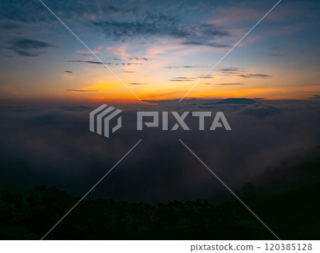 Drone aerial view of landscape mountains view in sunrise or sunset time,High angle view over countryside at northern Vietnam Drone aerial view of landscape mountains view in sunrise or sunset time,High angle view over countryside at northern Vietnam 120385128