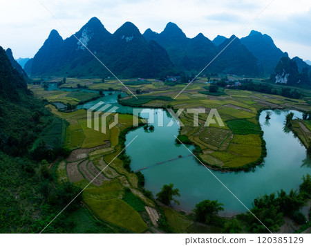 Aerial wide angle view of landscape with rice field at Phong Nam village in Trung Khanh, Cao Bang province,Northern Vietnam 120385129